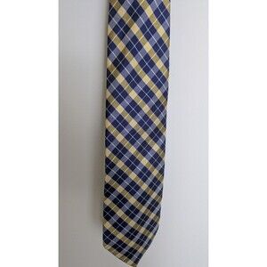 Plaid Navy Blue Yellow 100% Silk Tie Italy Preppy Academia Collegiate Ivy League